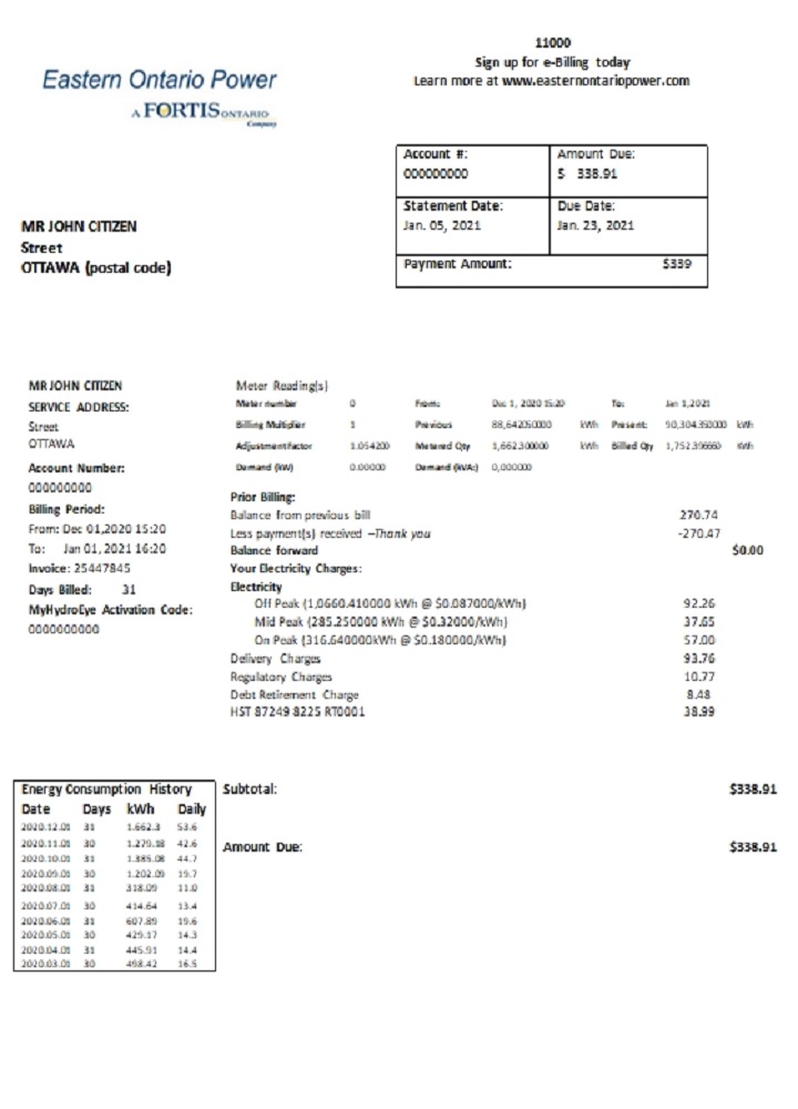 Canada Eastern Ontario Power utility bill